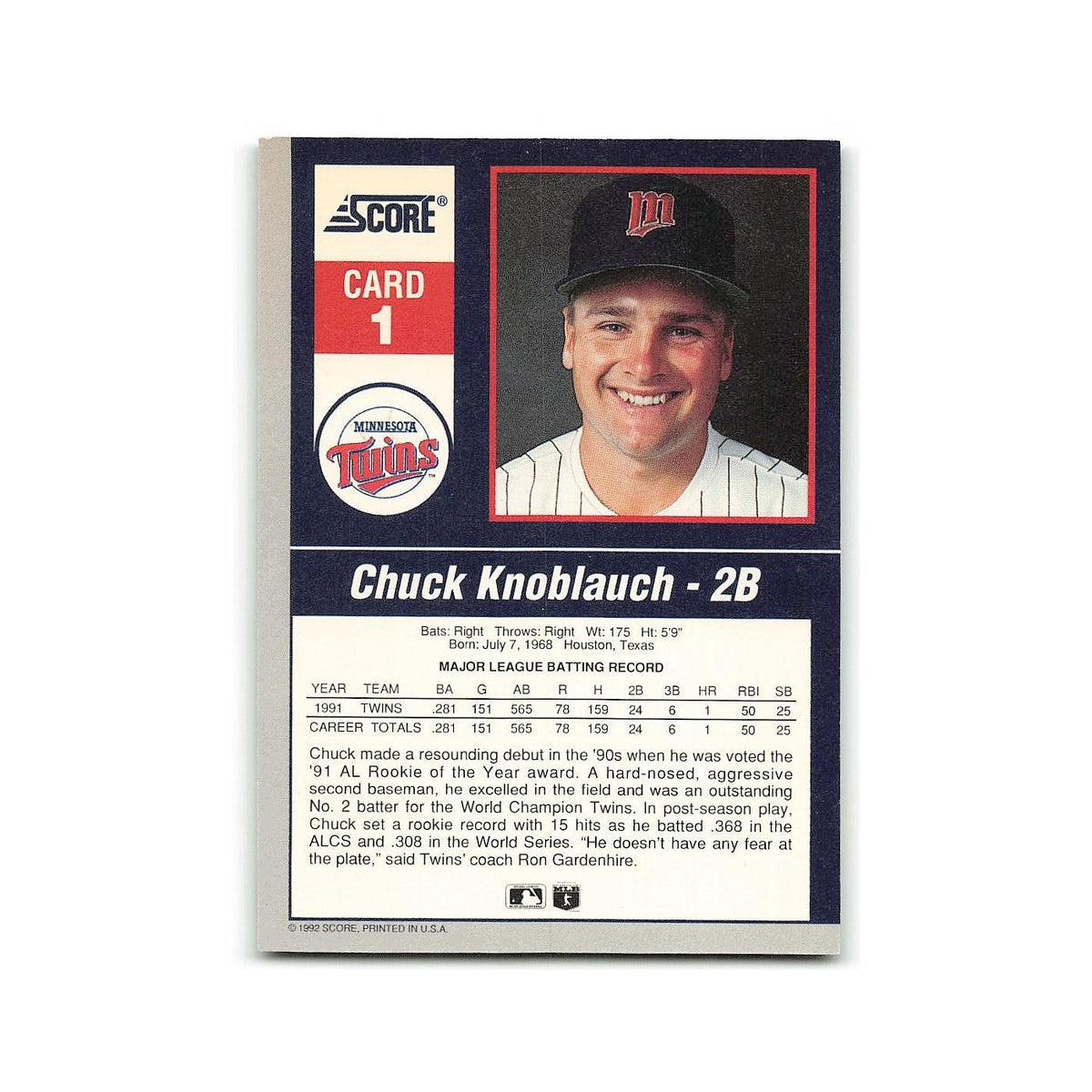 Chuck Knoblauch 1992 Score Impact Players #1 Minnesota Twins Baseball Card NM