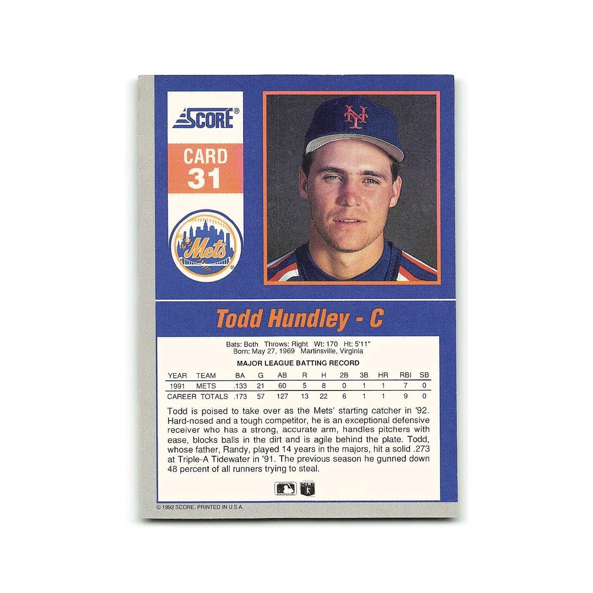 Todd Hundley 1992 Score Impact Players #31 New York Mets Baseball Card NM