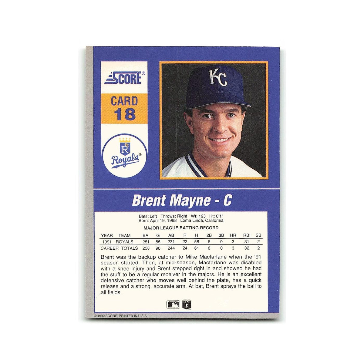 Brent Mayne 1992 Score Impact Players #18 Kansas City Royals Baseball Card NM