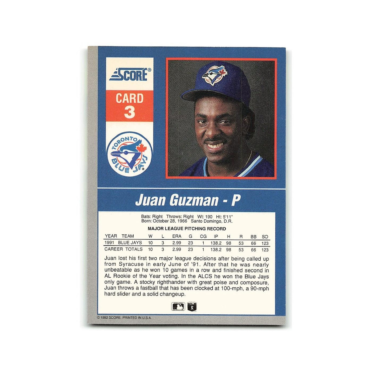 Juan Guzman 1992 Score Impact Players #3 Toronto Blue Jays Baseball Card NM
