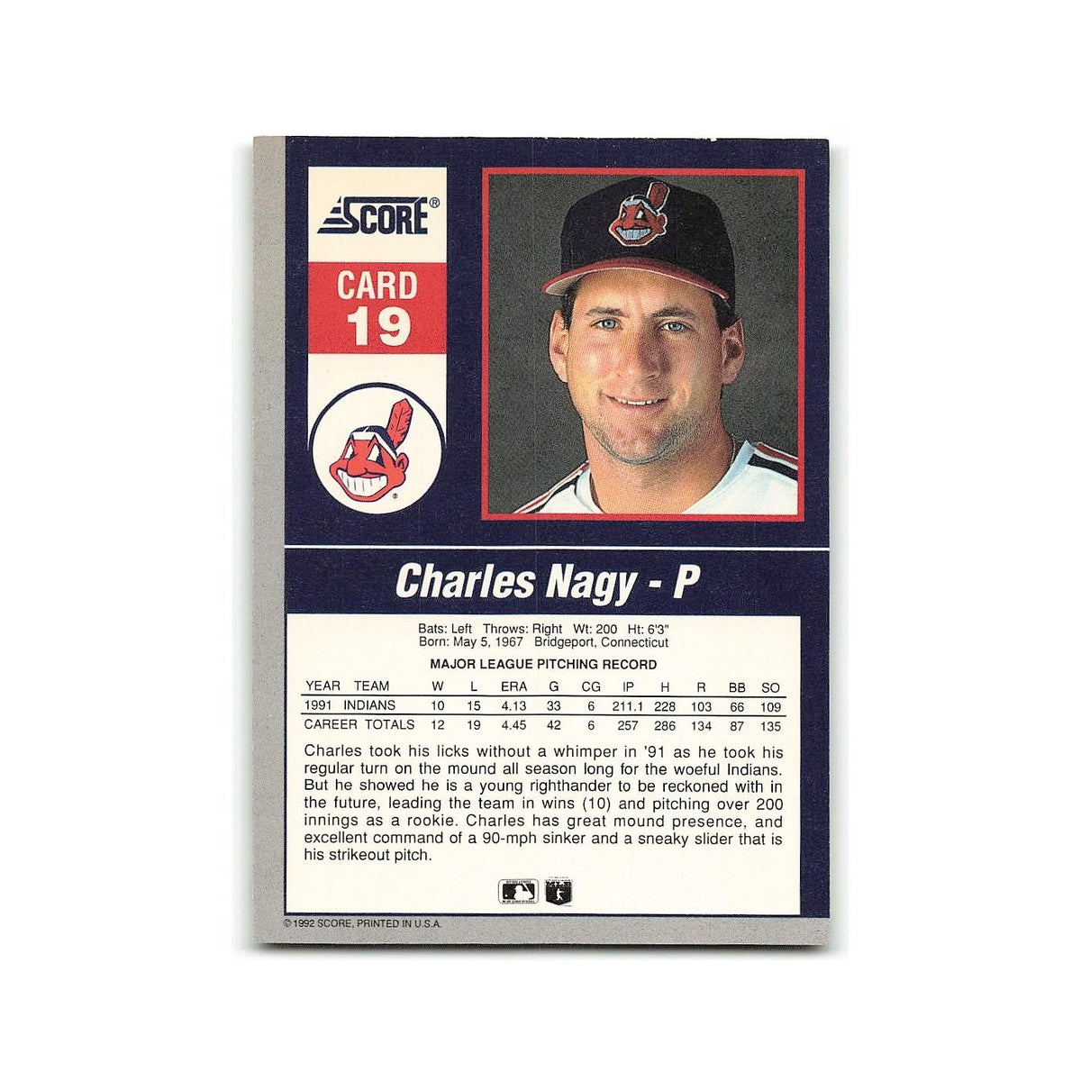 Charles Nagy 1992 Score Impact Players #19 Cleveland Indians Baseball Card NM