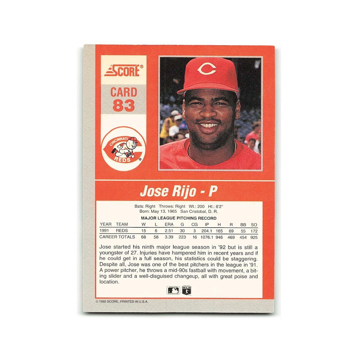 Jose Rijo 1992 Score Impact Players #83 Cincinnati Reds Baseball Card NM