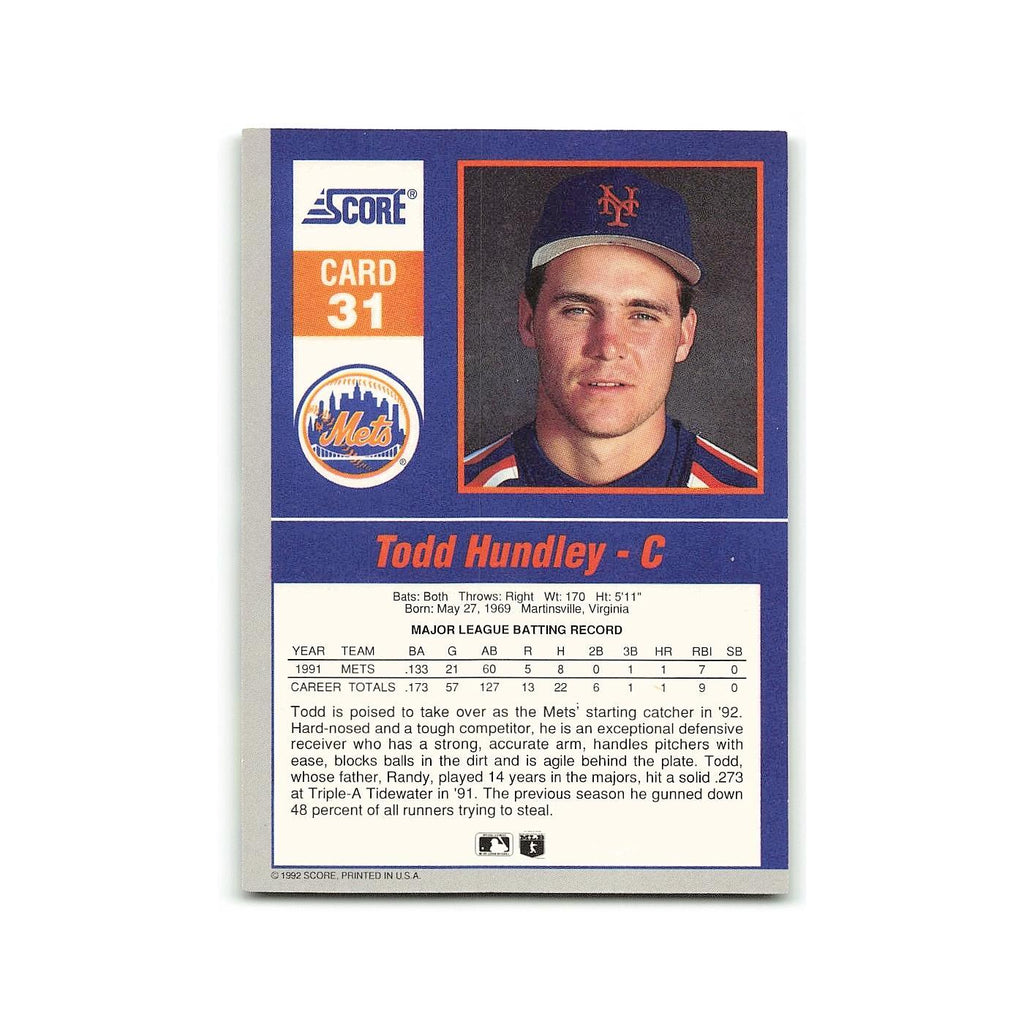Todd Hundley 1992 Score Impact Players #31 New York Mets Baseball Card NM