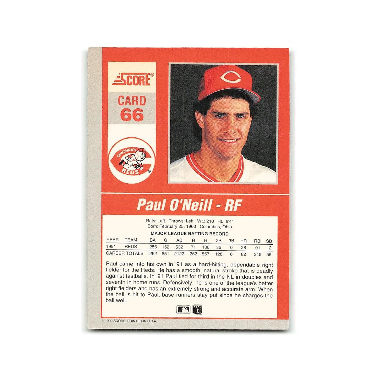 Paul O'Neill 1992 Score Impact Players #66 Cincinnati Reds Baseball Card NM