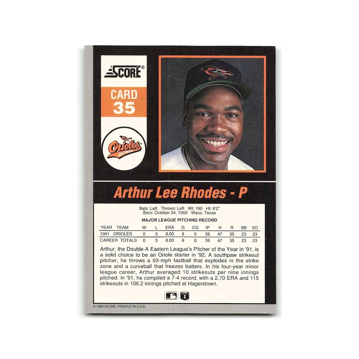 Arthur Rhodes 1992 Score Impact Players #35 Baltimore Orioles Baseball Card NM