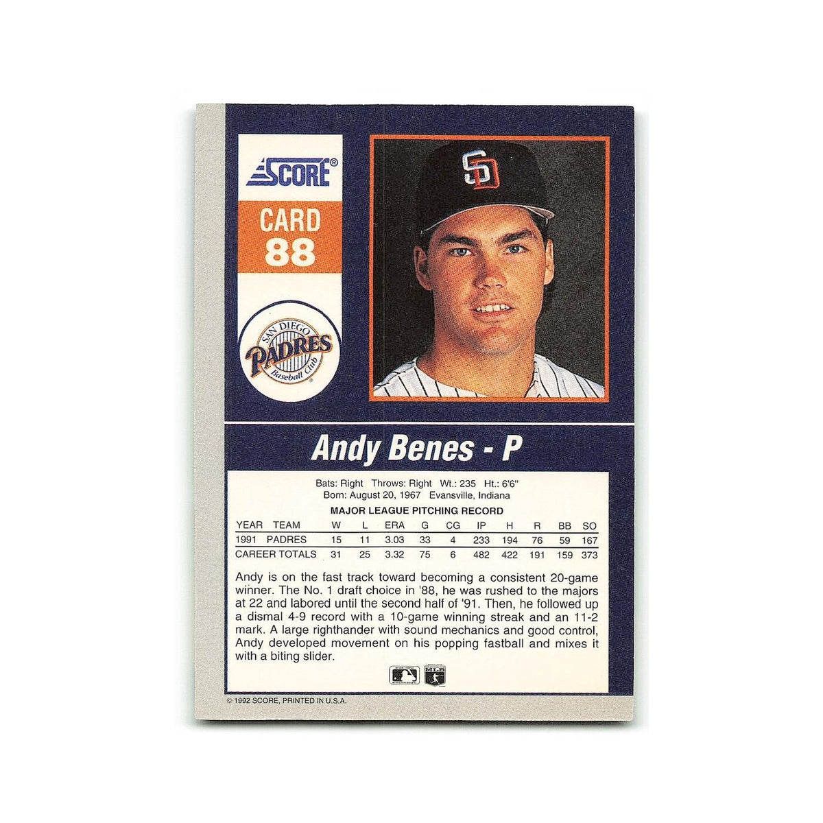 Andy Benes 1992 Score Impact Players #88 San Diego Padres Baseball Card NM