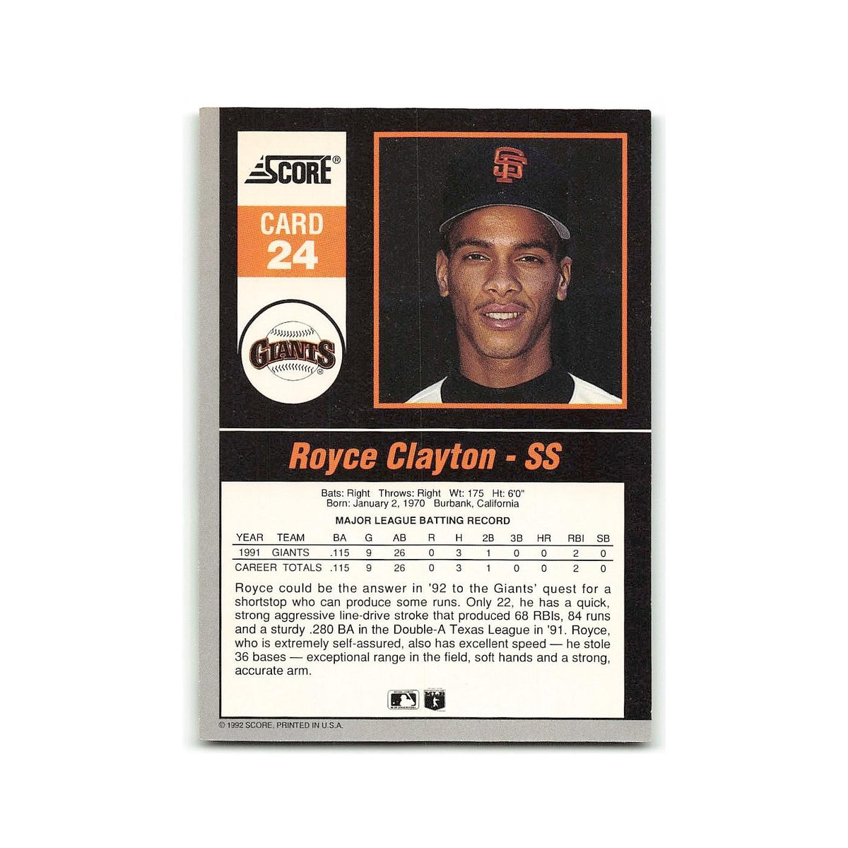 Royce Clayton 1992 Score Impact Players #24 San Francisco Giants NM