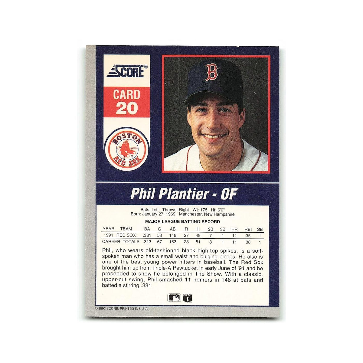 Phil Plantier 1992 Score Impact Players #20 Boston Red Sox Baseball Card NM