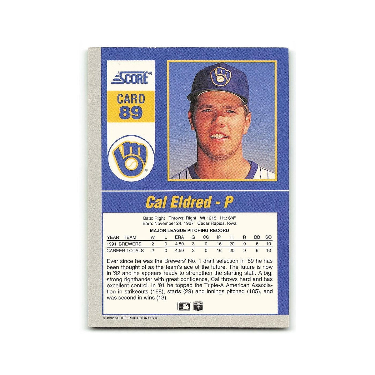 Cal Eldred 1992 Score Impact Players #89 Milwaukee Brewers Baseball Card NM