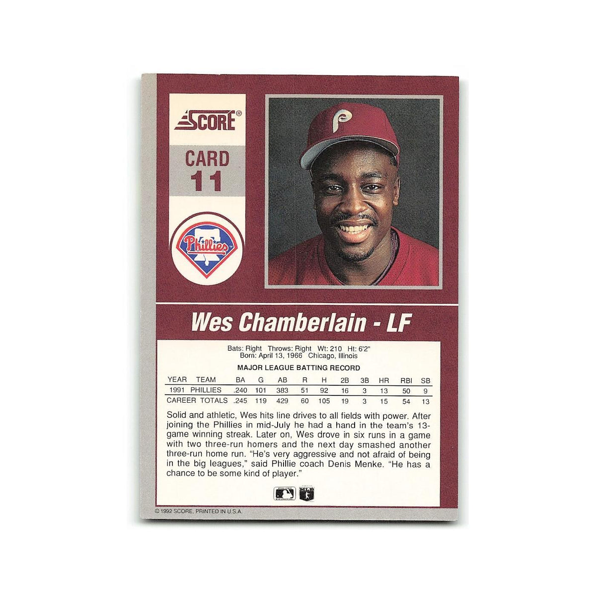 Wes Chamberlain 1992 Score Impact Players #11 Philadelphia Phillies NM