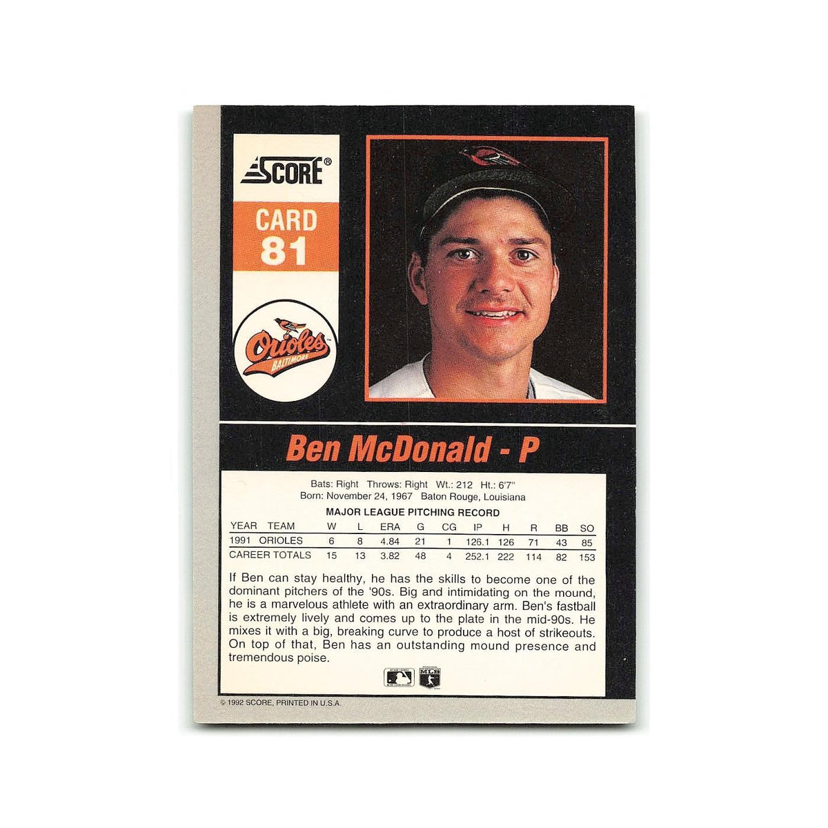 Ben McDonald 1992 Score Impact Players #81 Baltimore Orioles Baseball Card NM