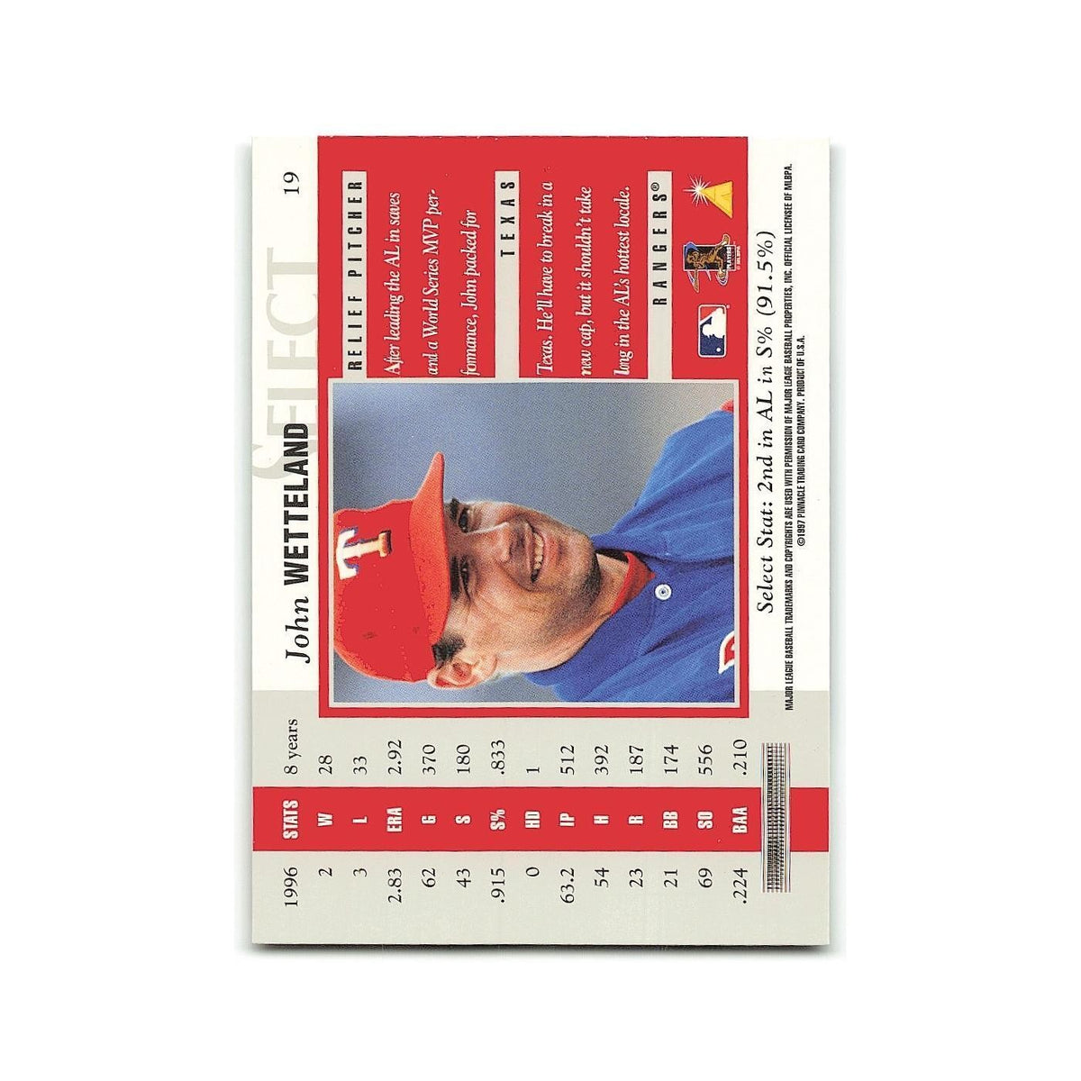 John Wetteland 1997 Select #19 Texas Rangers Baseball Card NM