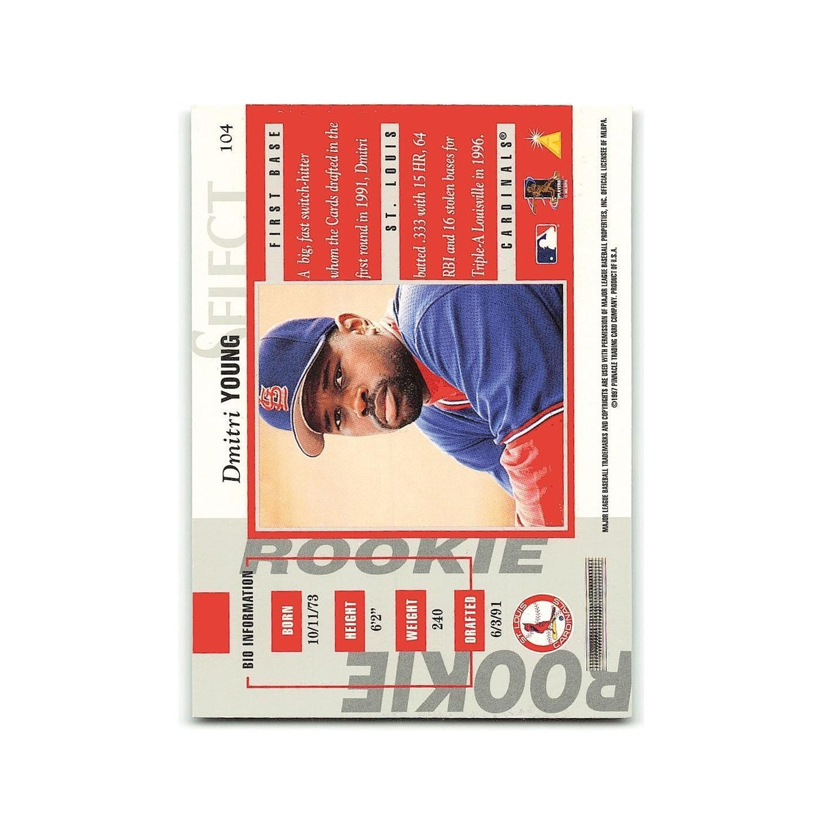 Dmitri Young Rookie 1997 Select #104 St. Louis Cardinals Baseball Card NM
