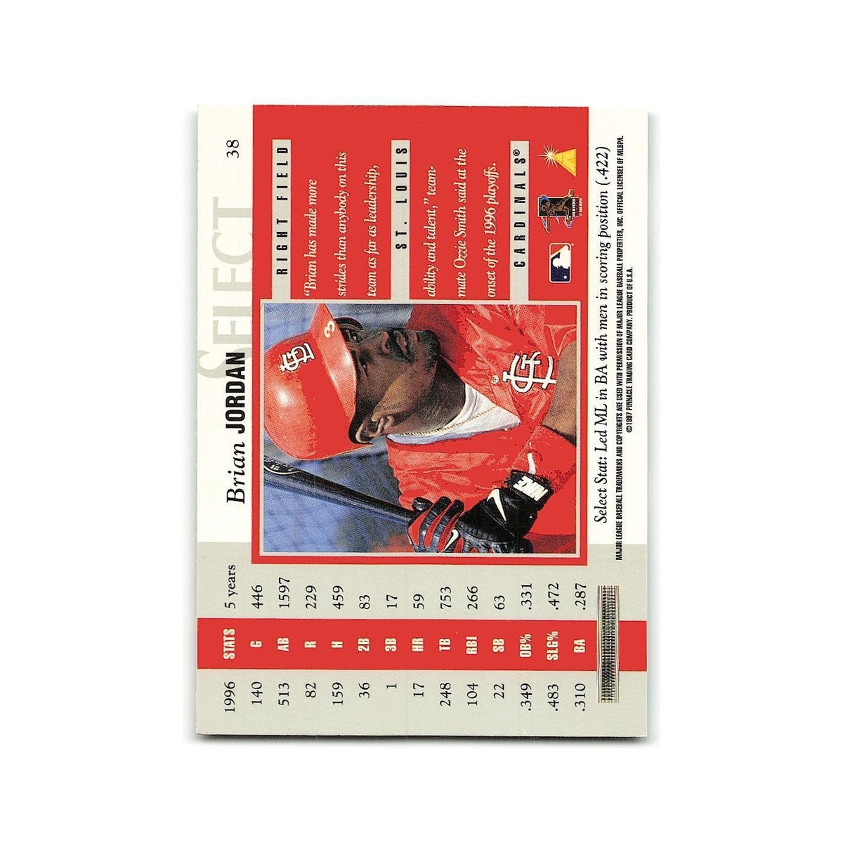 Brian Jordan 1997 Select #5 St. Louis Cardinals Baseball Card NM