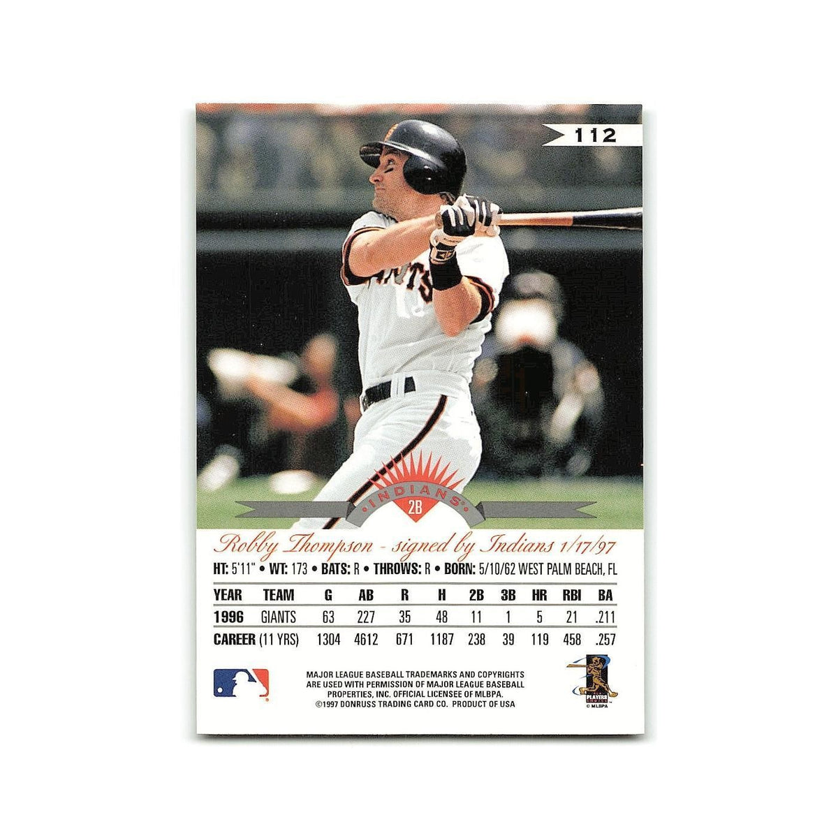 Robby Thompson 1997 Leaf #112 Cleveland Indians Baseball Card NM