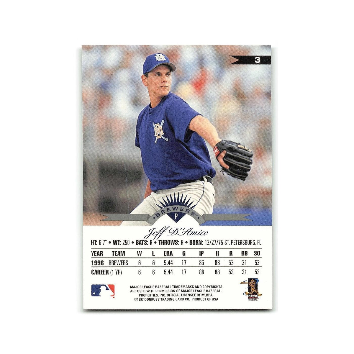 Jeff D'Amico 1997 Leaf #3 Milwaukee Brewers Baseball Card NM