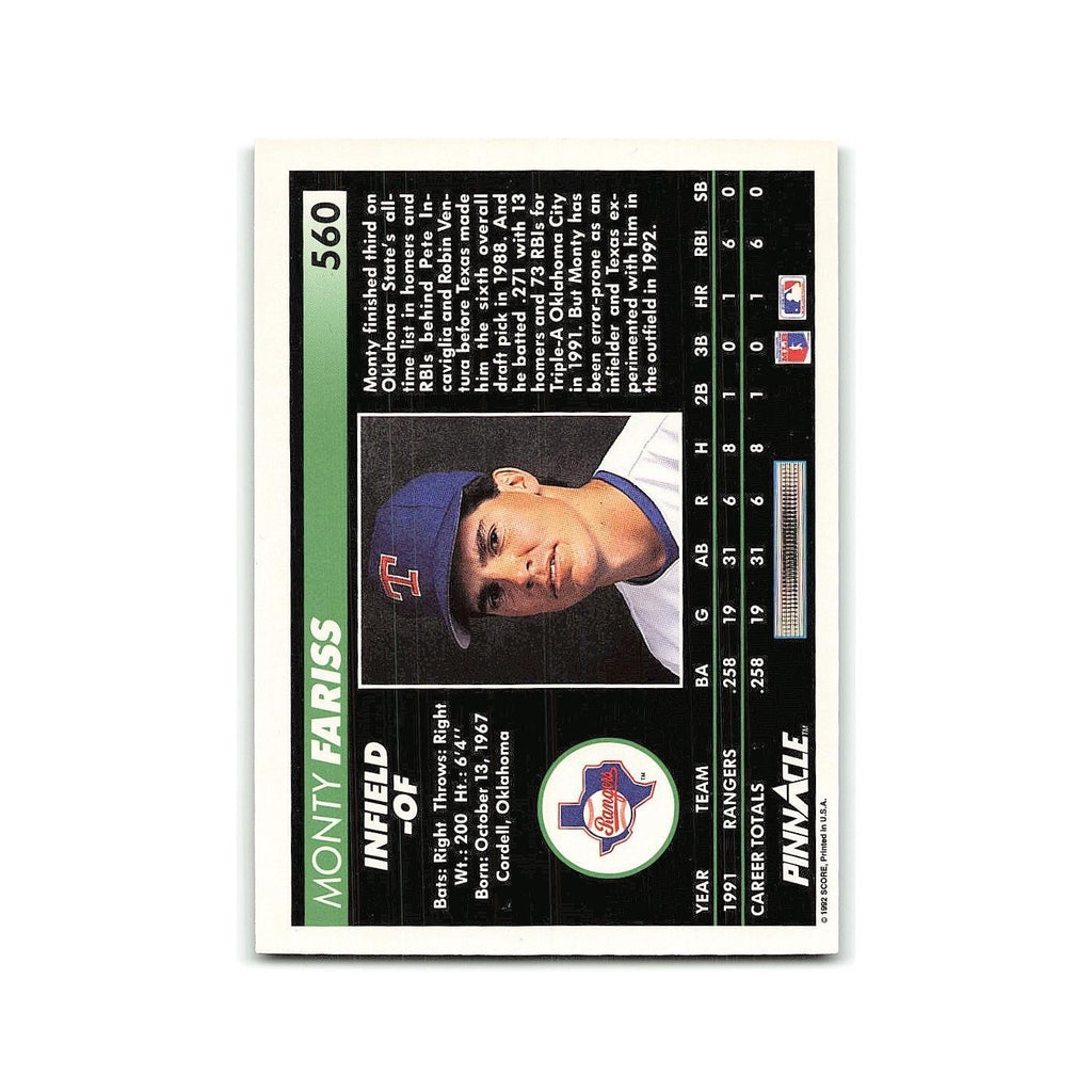 Monty Fariss Rookie 1992 Pinnacle #560 Texas Rangers Baseball Card NM
