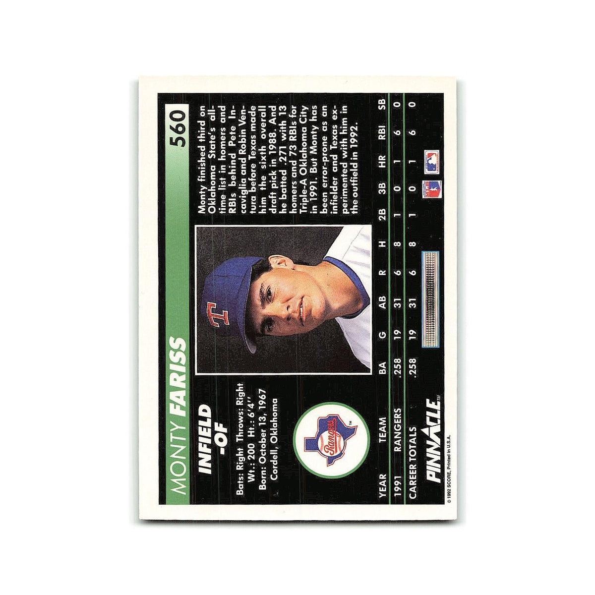 Monty Fariss Rookie 1992 Pinnacle #560 Texas Rangers Baseball Card NM