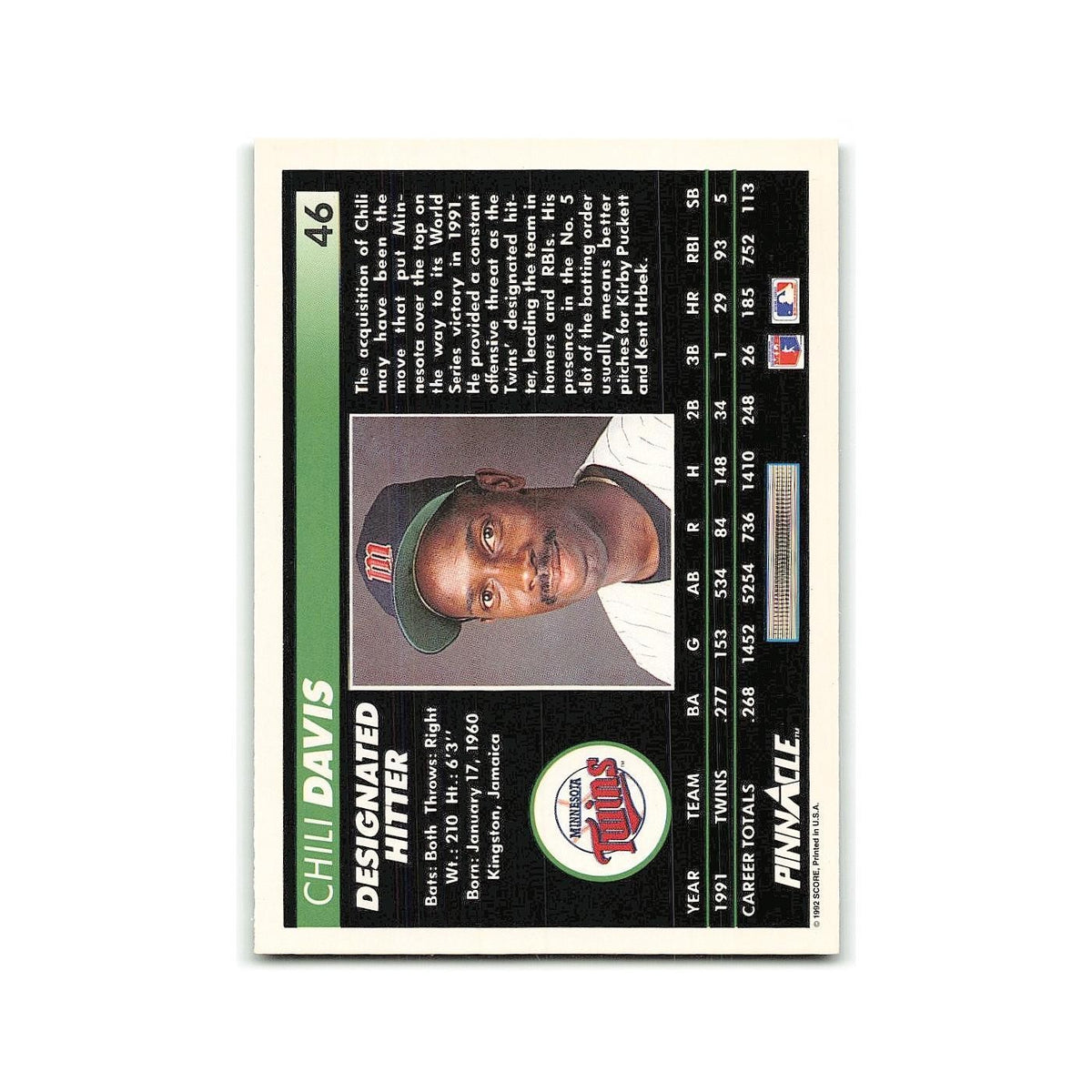Chili Davis 1992 Pinnacle #46 Minnesota Twins Baseball Card NM