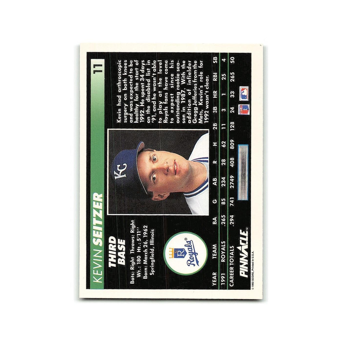 Kevin Seitzer 1992 Pinnacle #11 Kansas City Royals Baseball Card NM