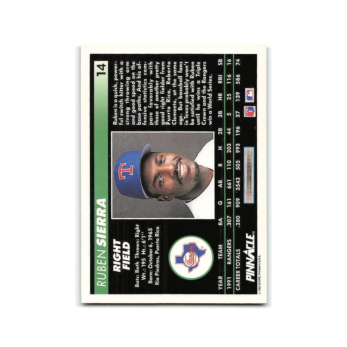 Ruben Sierra 1992 Pinnacle #14 Texas Rangers Baseball Card NM