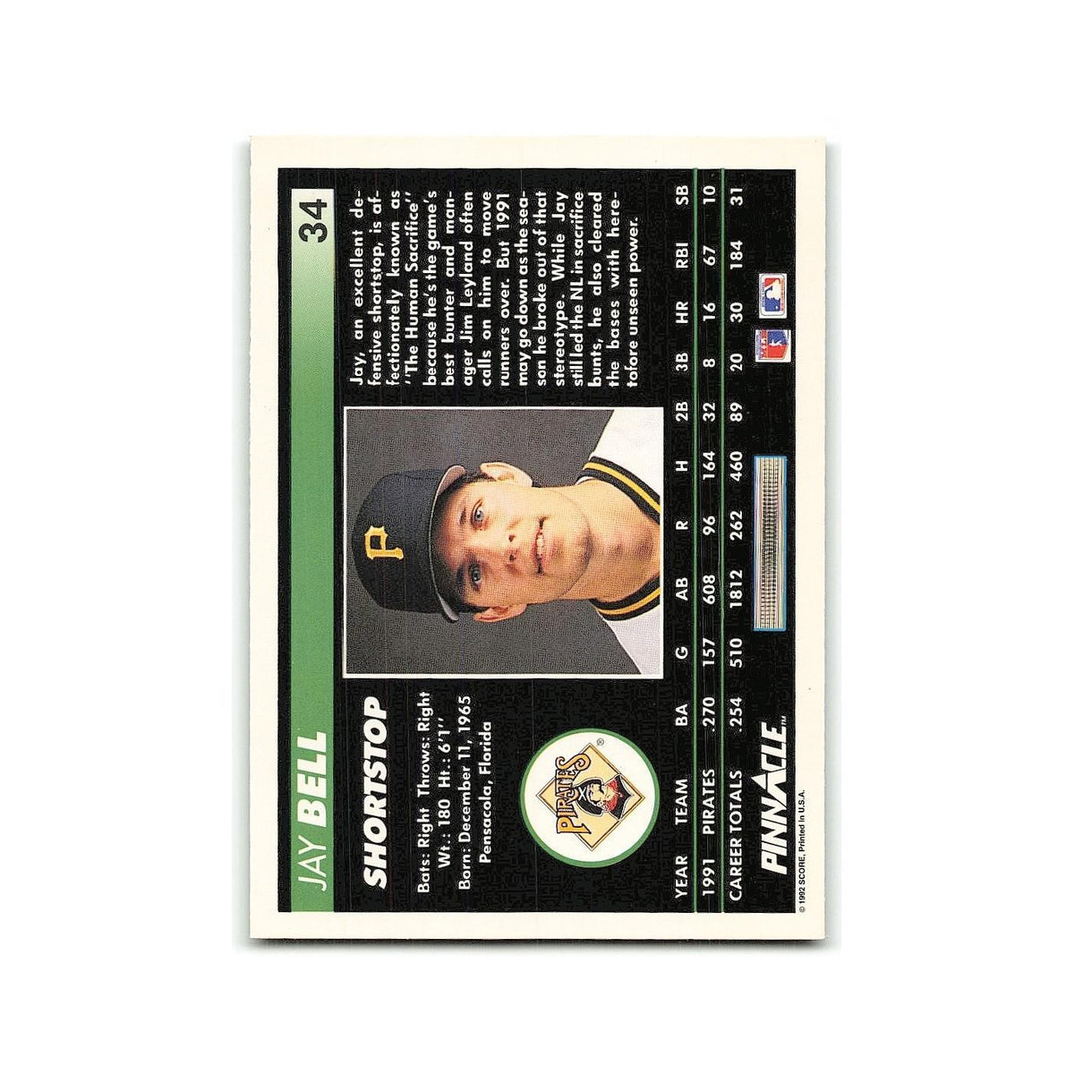 Jay Bell 1992 Pinnacle #34 Pittsburgh Pirates Baseball Card NM