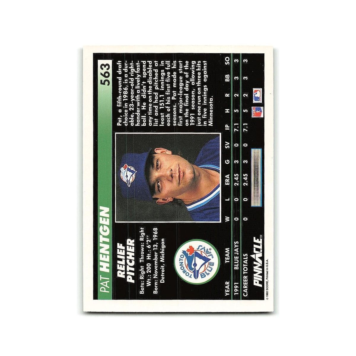 Pat Hentgen Rookie 1992 Pinnacle #563 Toronto Blue Jays Baseball Card NM