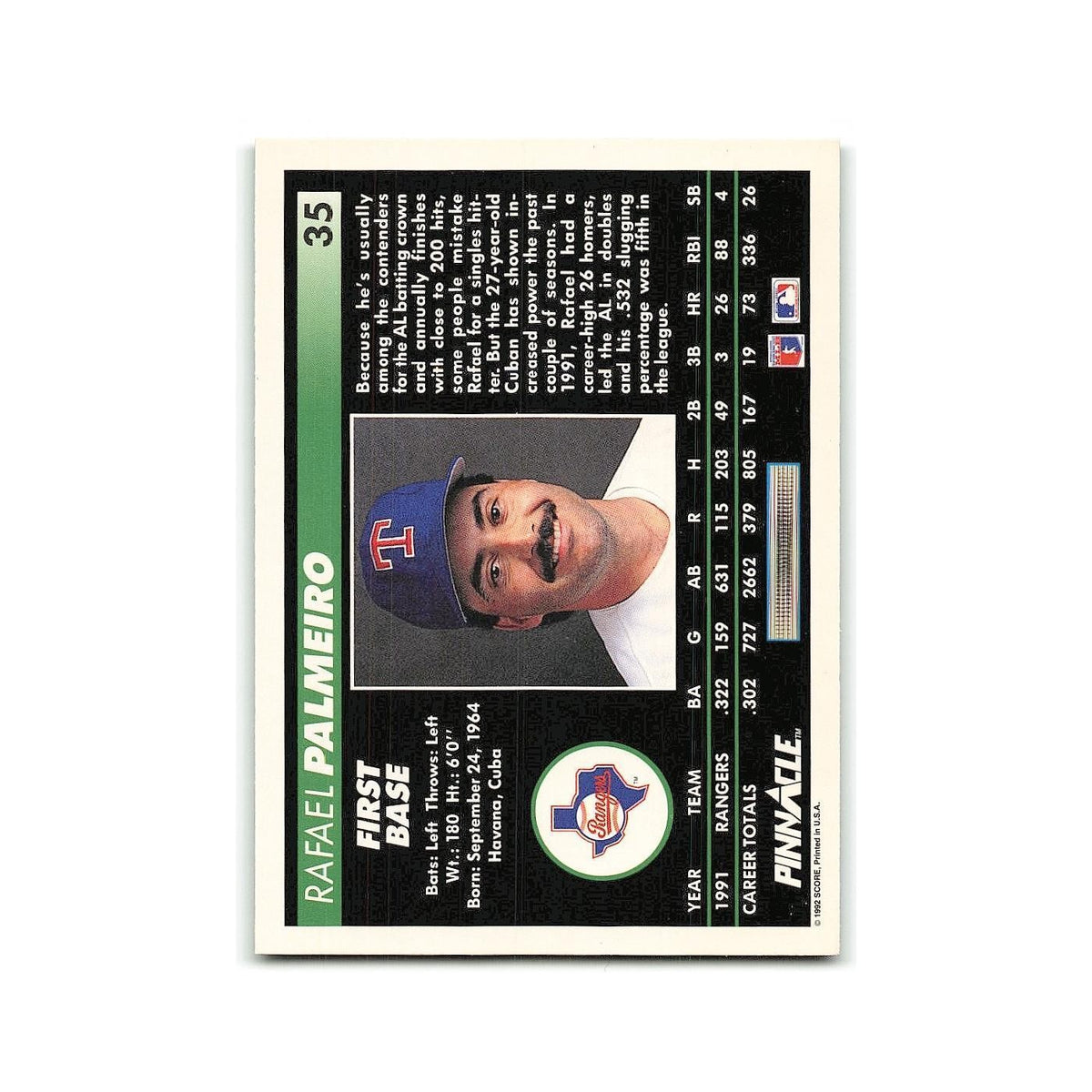 Rafael Palmeiro 1992 Pinnacle #35 Texas Rangers Baseball Card NM