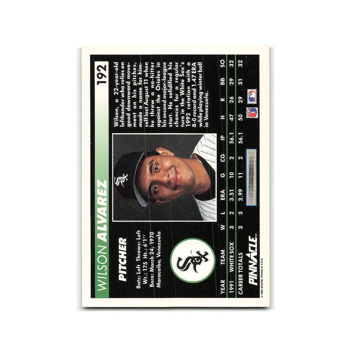 Wilson Alvarez 1992 Pinnacle #192 Chicago White Sox Baseball Card NM
