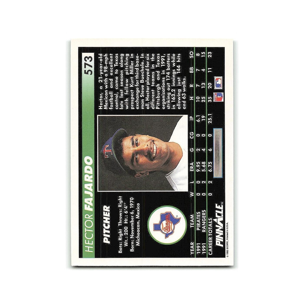 Hector Fajardo Rookie 1992 Pinnacle #573 Texas Rangers Baseball Card NM