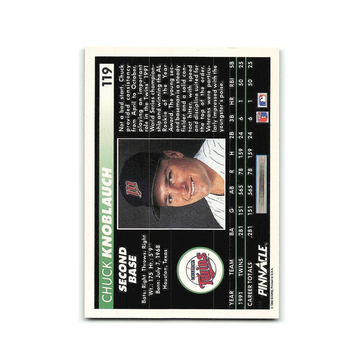 Chuck Knoblauch 1992 Pinnacle #119 Minnesota Twins Baseball Card NM