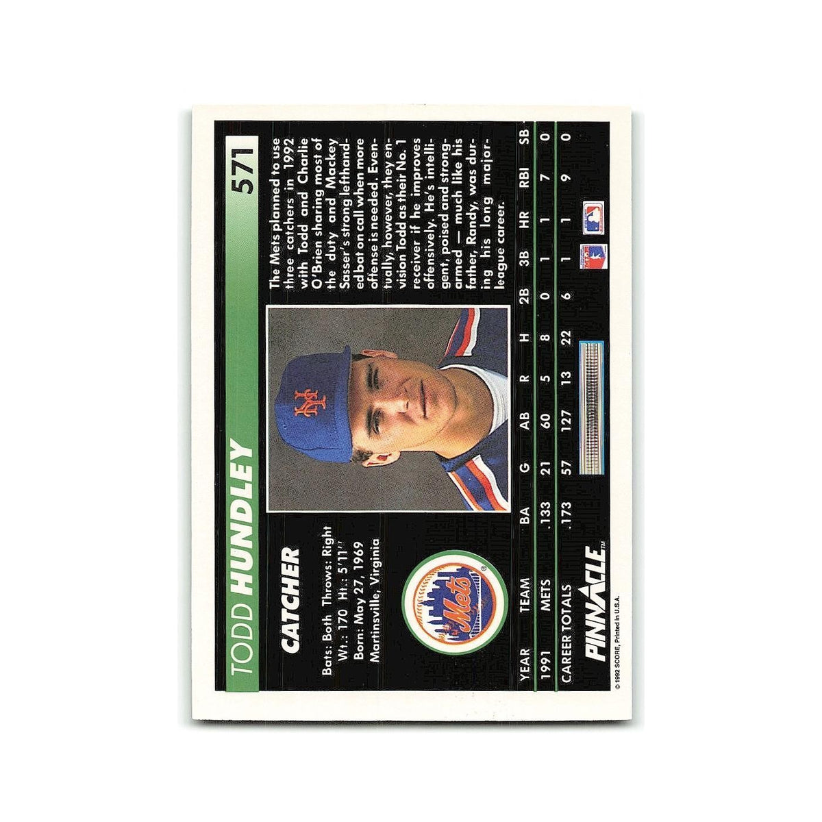 Todd Hundley Rookie 1992 Pinnacle #571 New York Mets Baseball Card NM