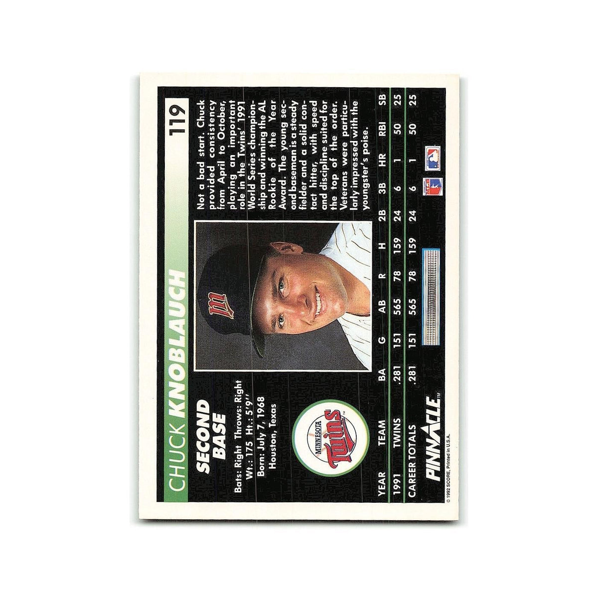 Chuck Knoblauch 1992 Pinnacle #119 Minnesota Twins Baseball Card NM