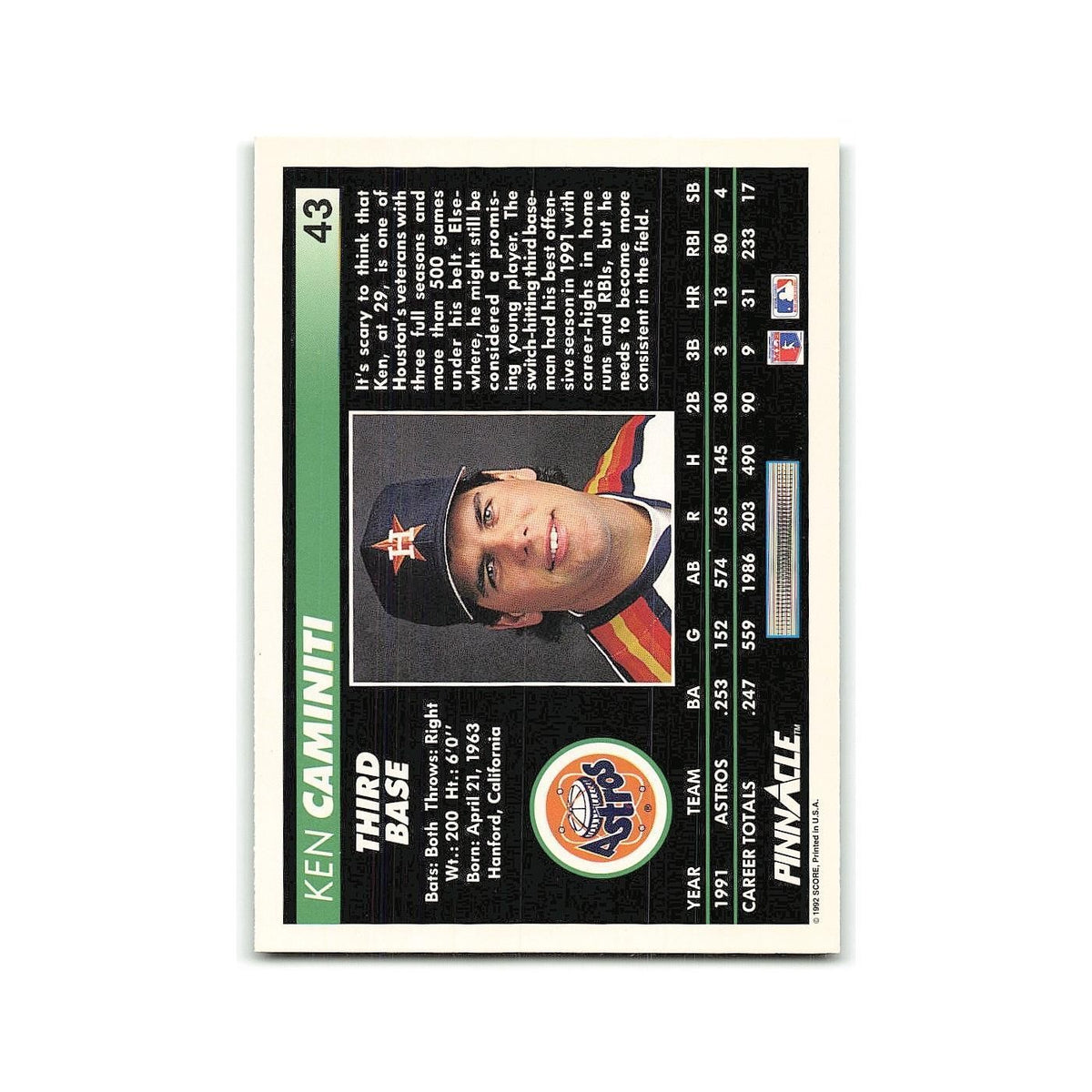 Ken Caminiti 1992 Pinnacle #43 Houston Astros Baseball Card NM
