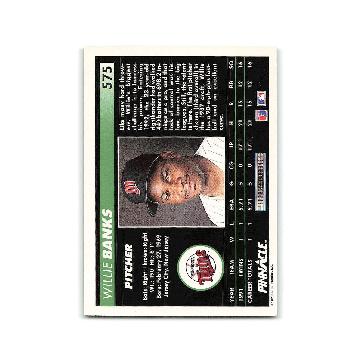 Willie Banks Rookie 1992 Pinnacle #575 Minnesota Twins Baseball Card NM