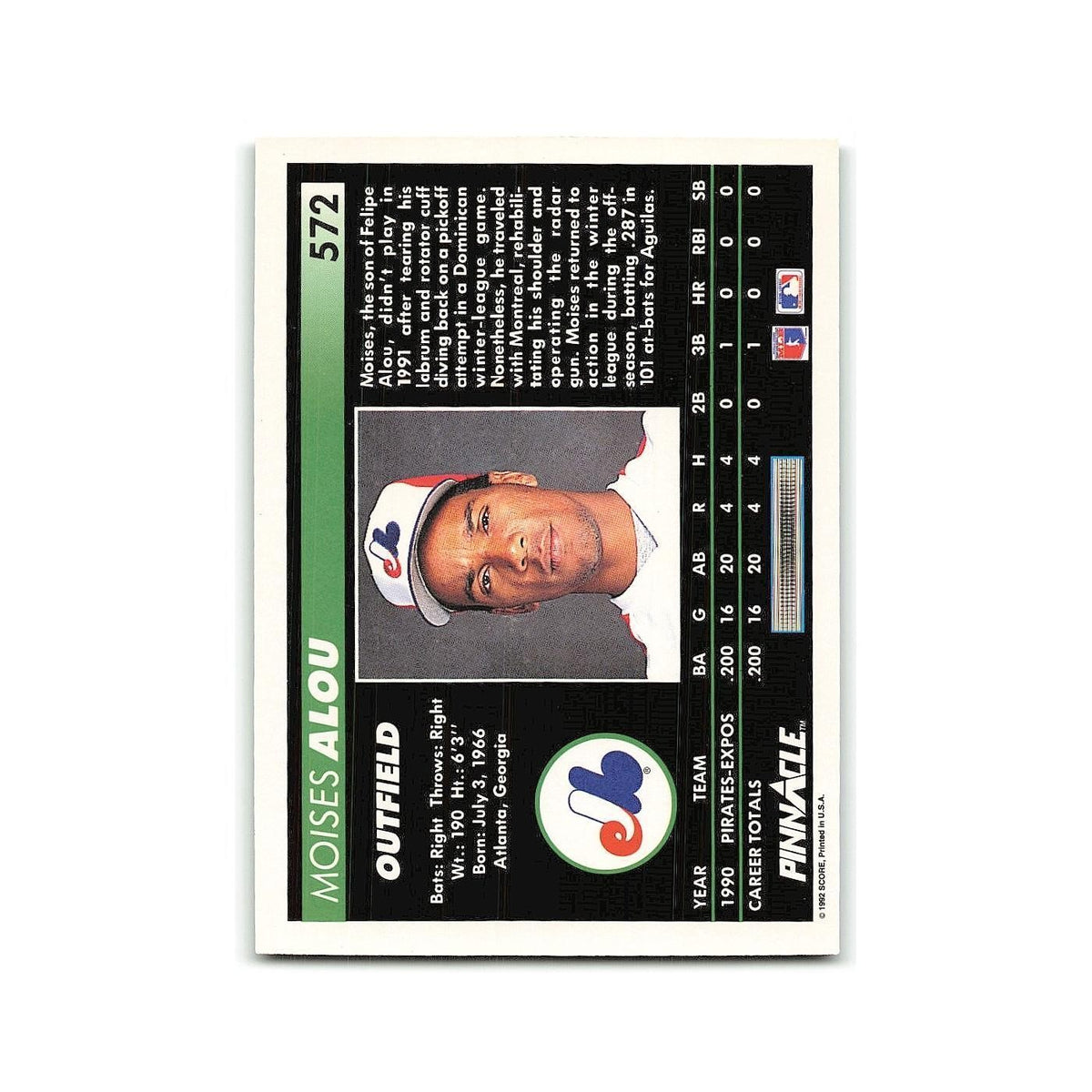 Moises Alou Rookie 1992 Pinnacle #572 Montreal Expos Baseball Card NM