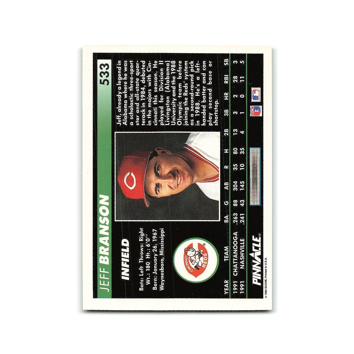 Jeff Branson Rookie 1992 Pinnacle #533 Cincinnati Reds Baseball Card NM
