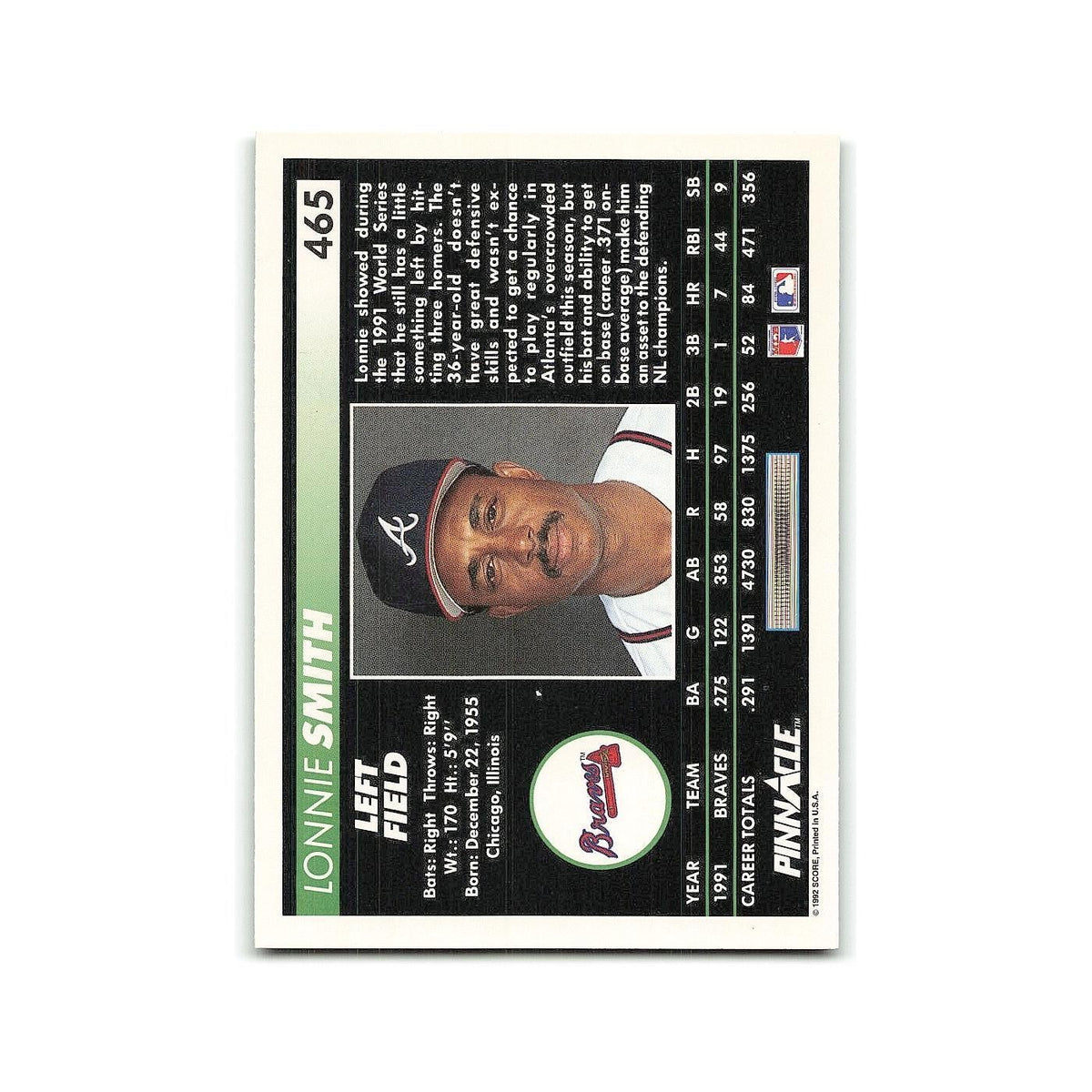 Lonnie Smith 1992 Pinnacle #465 Atlanta Braves Baseball Card NM