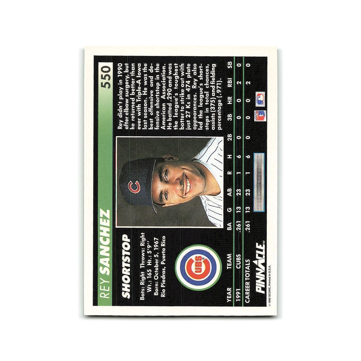 Rey Sanchez Rookie 1992 Pinnacle #550 Chicago Cubs Baseball Card NM