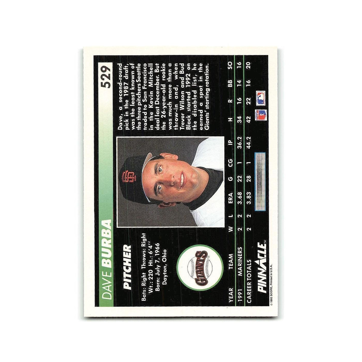 Dave Burba Rookie 1992 Pinnacle #529 San Francisco Giants Baseball Card NM