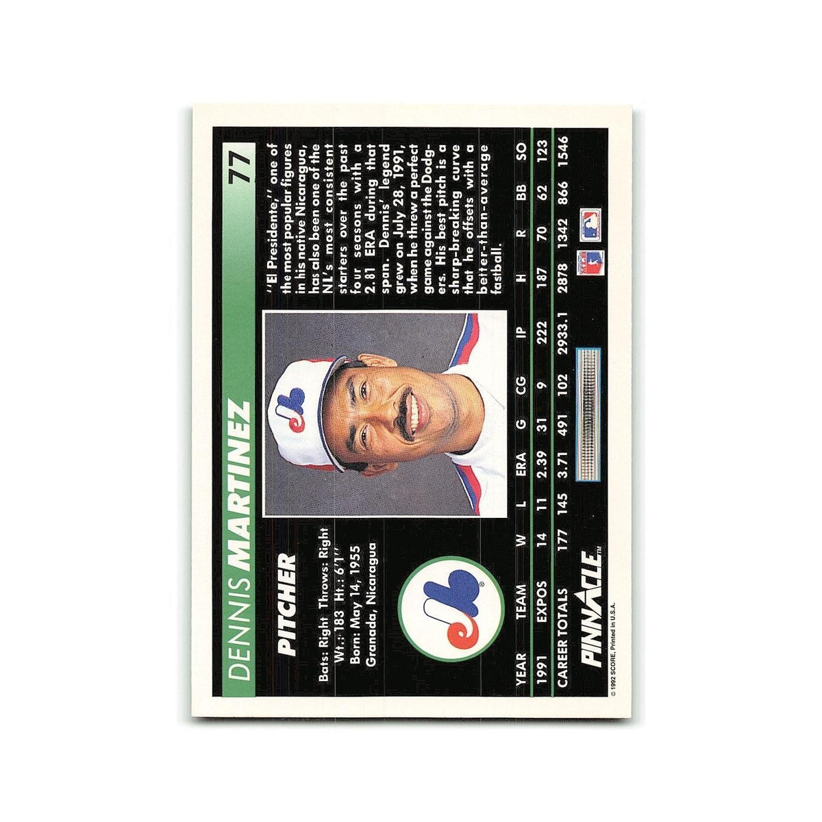 Dennis Martinez 1992 Pinnacle #77 Montreal Expos Baseball Card NM