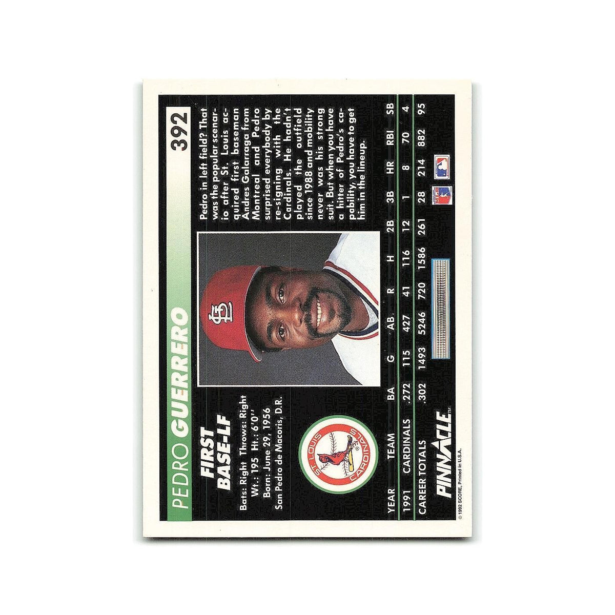 Pedro Guerrero 1992 Pinnacle #392 St. Louis Cardinals Baseball Card NM