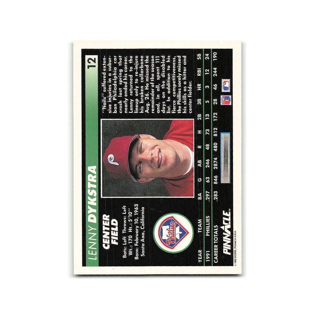 Lenny Dykstra 1992 Pinnacle #12 Philadelphia Phillies Baseball Card NM