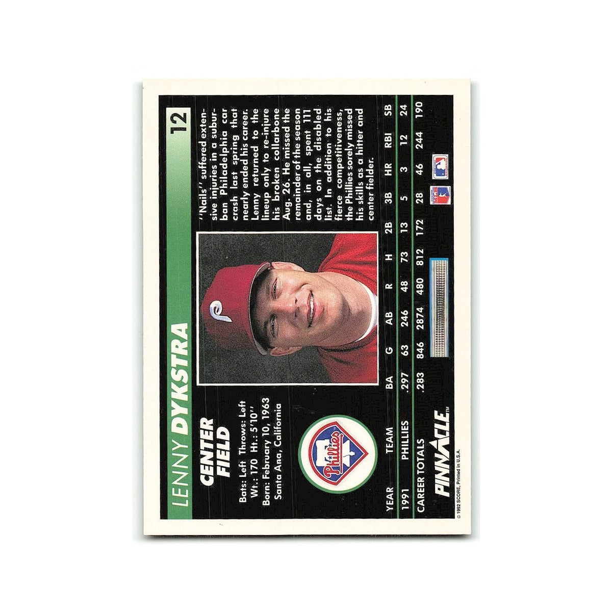 Lenny Dykstra 1992 Pinnacle #12 Philadelphia Phillies Baseball Card NM