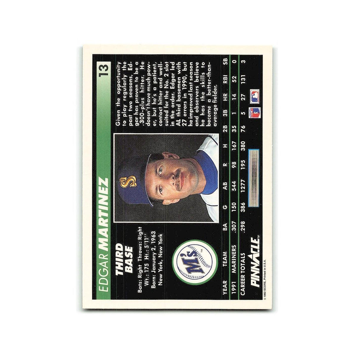 Edgar Martinez 1992 Pinnacle #13 Seattle Mariners Baseball Card NM