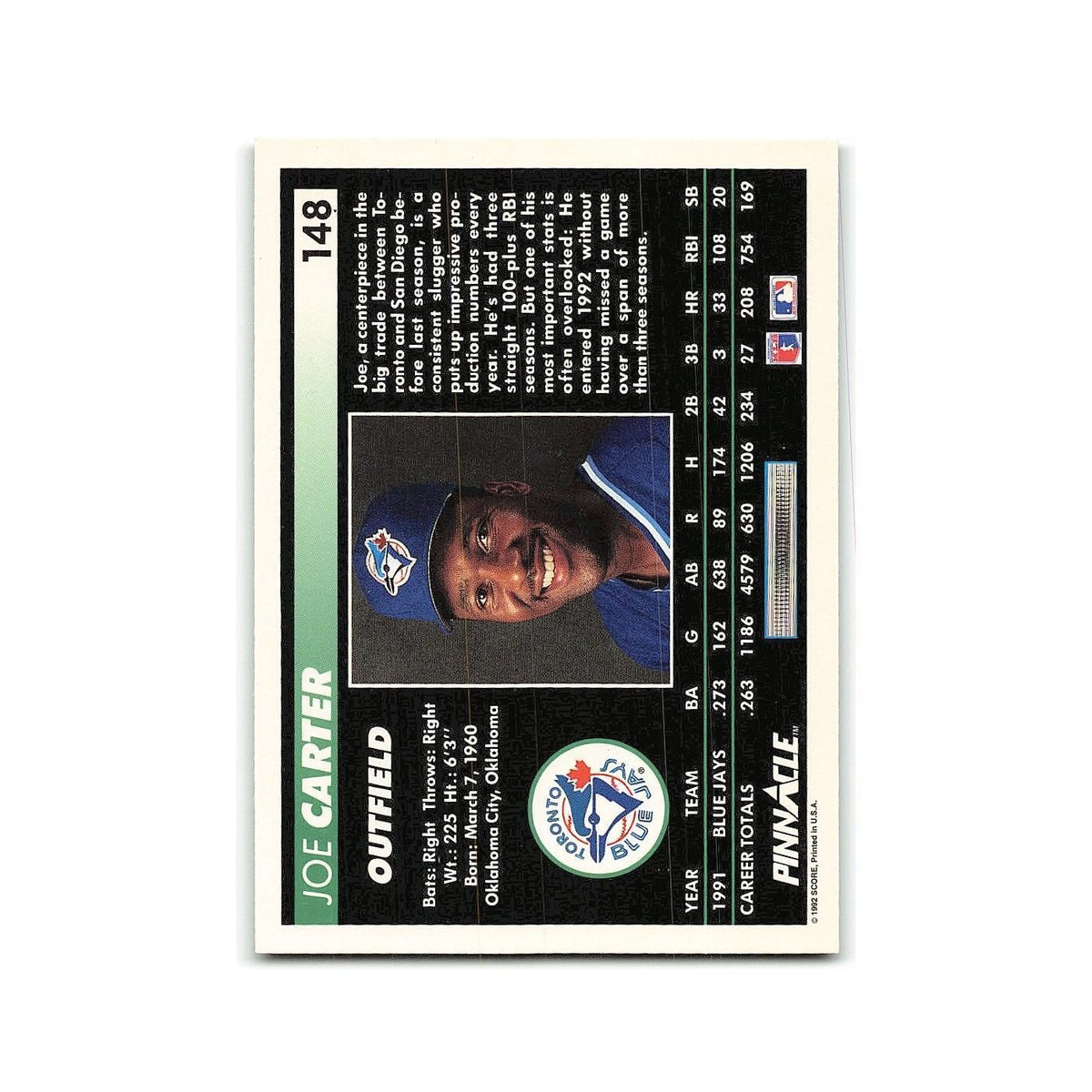 Joe Carter 1992 Pinnacle #148 Toronto Blue Jays Baseball Card NM