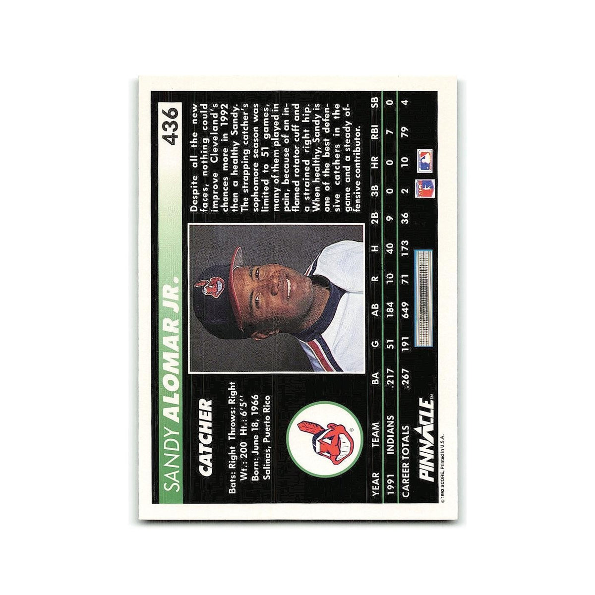Sandy Alomar Jr. 1992 Pinnacle #436 Cleveland Indians Baseball Card NM
