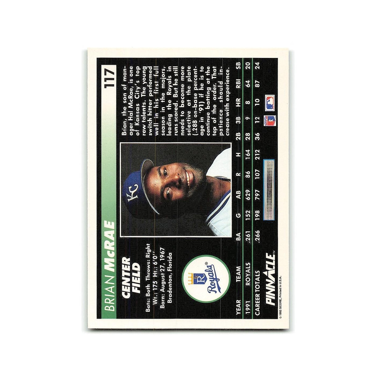Brian McRae 1992 Pinnacle #117 Kansas City Royals Baseball Card NM