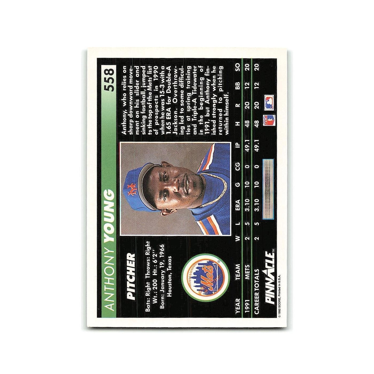 Anthony Young Rookie 1992 Pinnacle #558 New York Mets Baseball Card NM