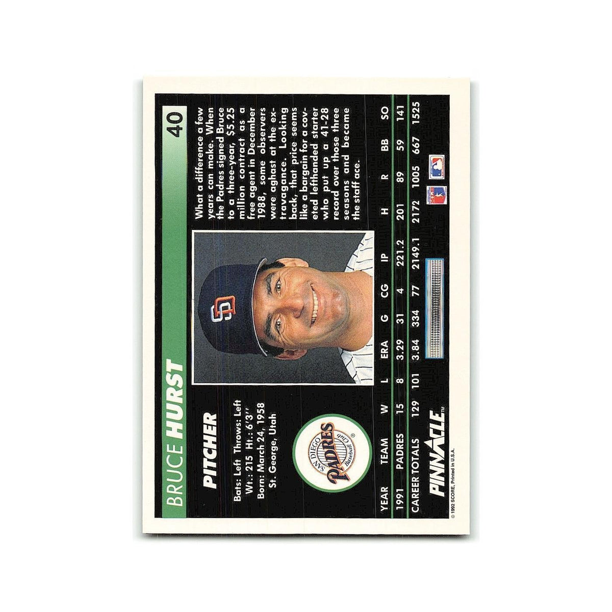 Bruce Hurst 1992 Pinnacle #40 San Diego Padres Baseball Card NM